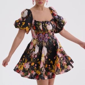NEW Selkie Fête des Fleurs Cotton Mini Day Dress Black Red Floral Holiday